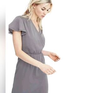 Banana Republic Silver Gray Silky Flutter Sleeve Jeweled Shoulder Mini Dress XS
